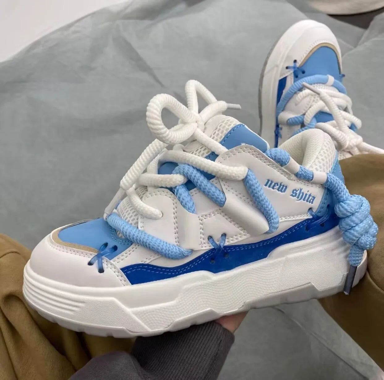 Women's grey clunky sneakers with 6-8cm heel, microfiber upper, and rubber sole for hiking, front tie-up design