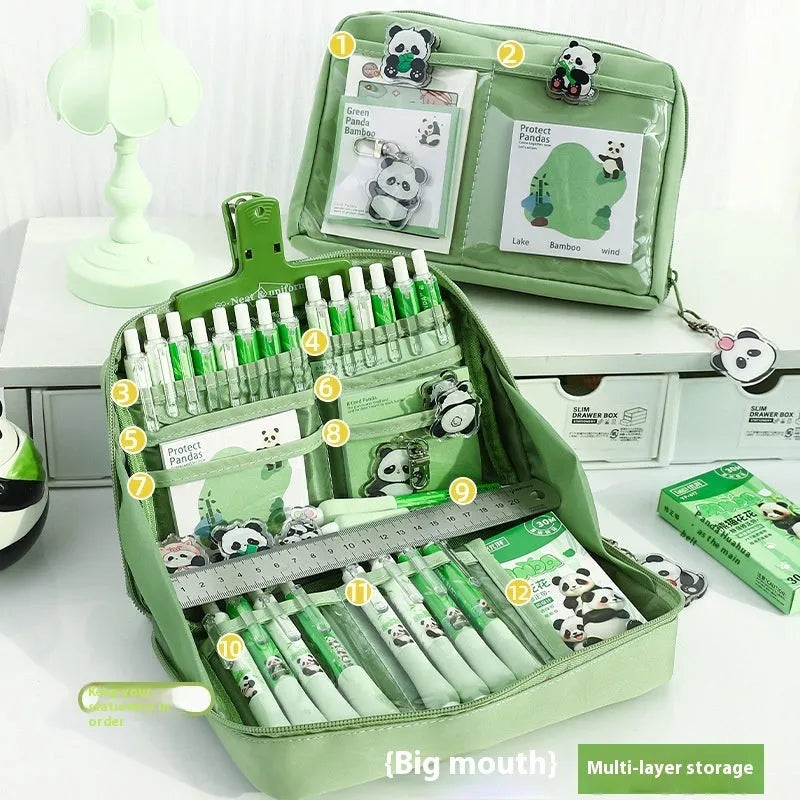 Green 12 layer panda pencil case with Korean style design and canvas construction