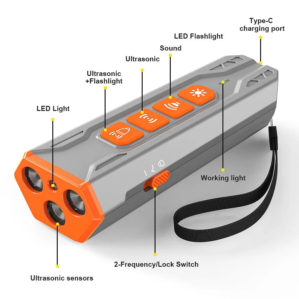 Creative Home Lighting three-head ultrasonic dog trainer showing grey-orange colour option with three emitters