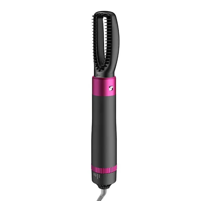 Dyson grey 5-in-1 hot air hair dryer brush with multiple brush attachments on a white background.