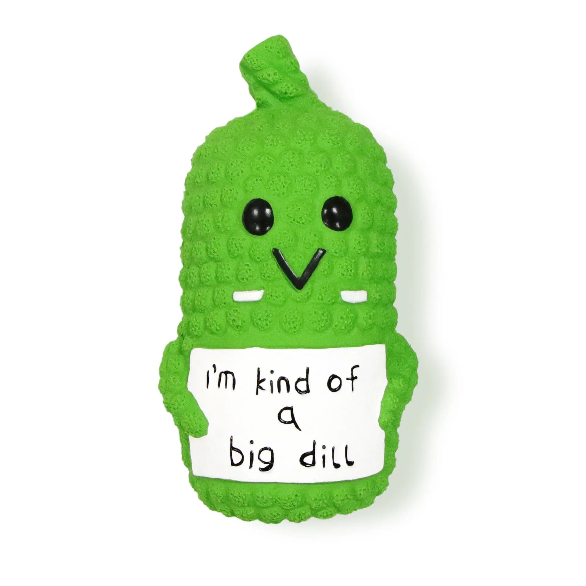 Green pickle-shaped squeaky dog toy with convex nubs for teeth cleaning, made from natural latex