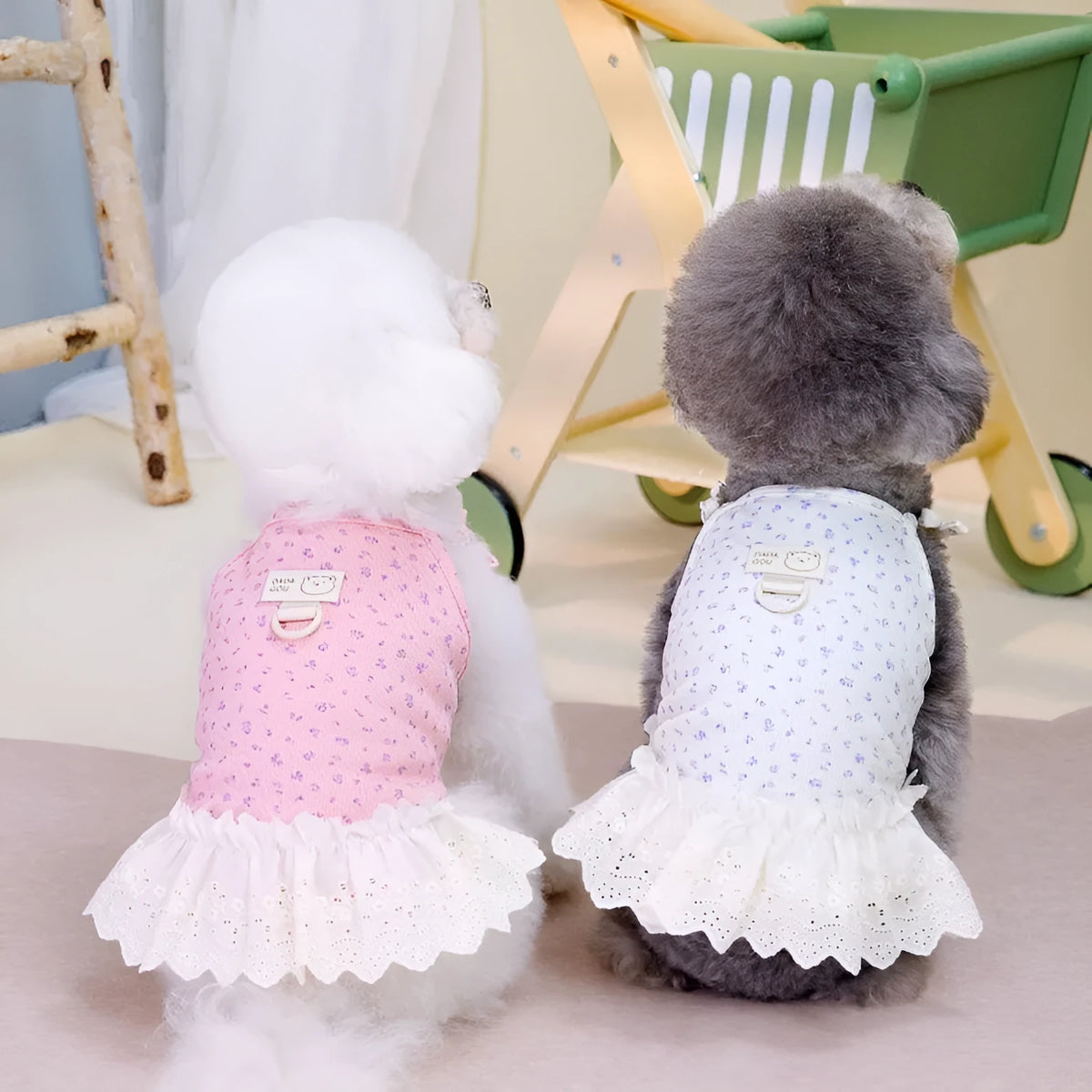 Cotton princess style pet dog clothes in light purple, beige, and pink, sizes S to XXL