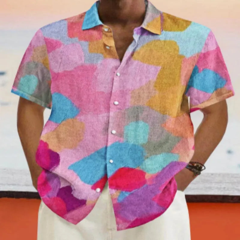 Hawaiian style stand collar short sleeve cardigan with 3D printing on four-sided elastic polyester fabric
