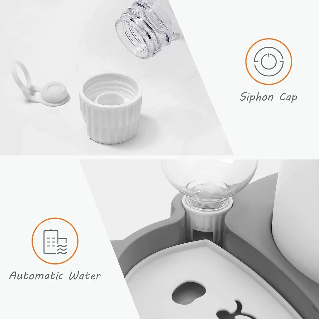 Elevated pet bowls set in panda shape with 15° tilt and automatic water dispenser for cats and small dogs