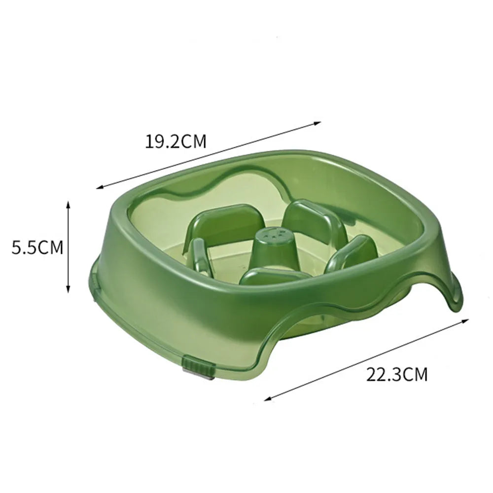 A blue plastic dog slow feeder bowl designed to prevent choking, shown alongside grey, green, and orange colour options.
