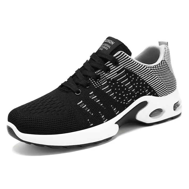 Men's black and blue Flyknit mesh casual sneakers with lace-up front and soft sole.