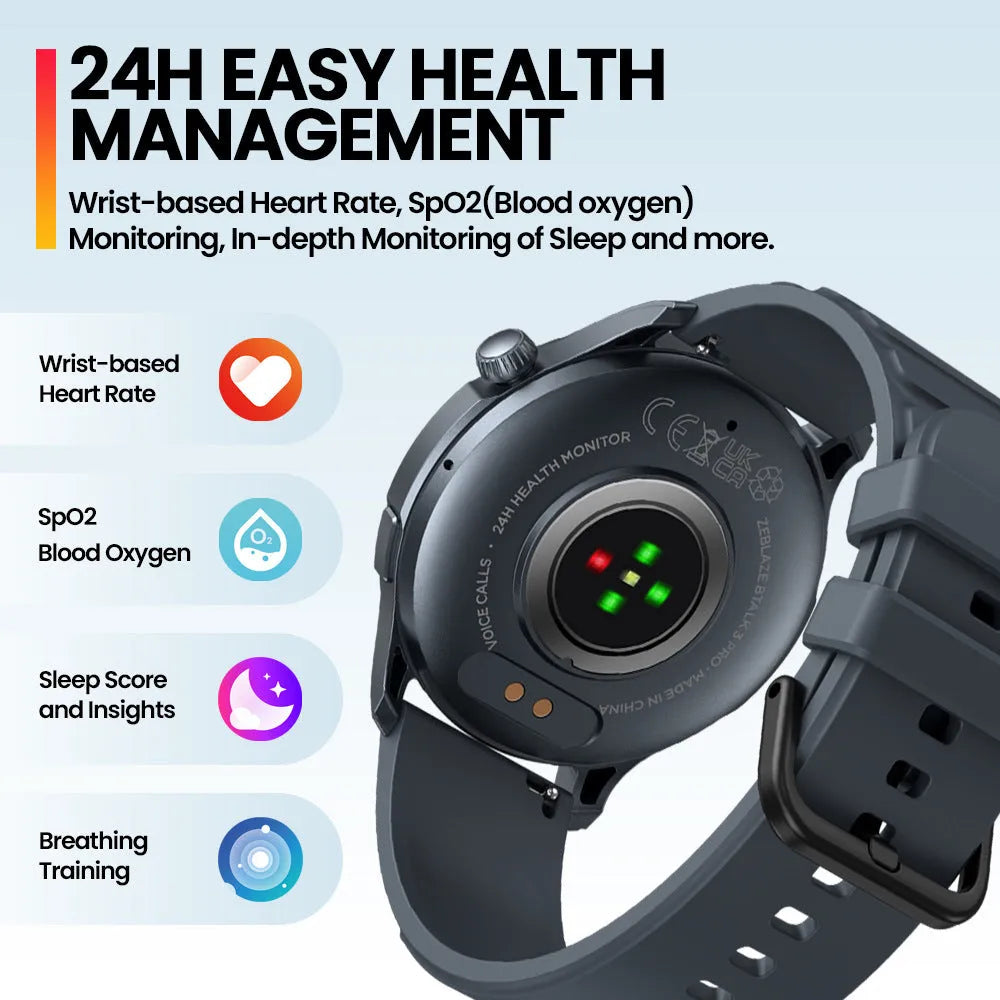 Btalk 3 Pro smart watch in grey colour showing AMOLED display with fitness stats.