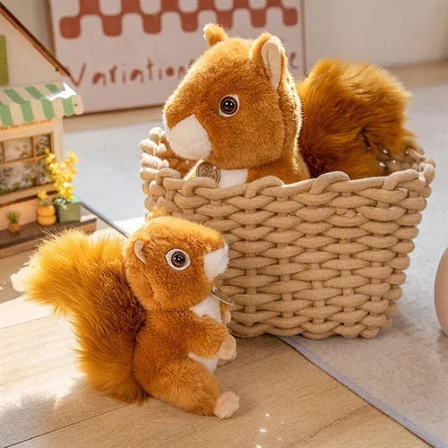 Standing simulation squirrel plush toy doll in red cloak, collar bell or hanging style, available in 17cm, 25cm and 30cm heights.