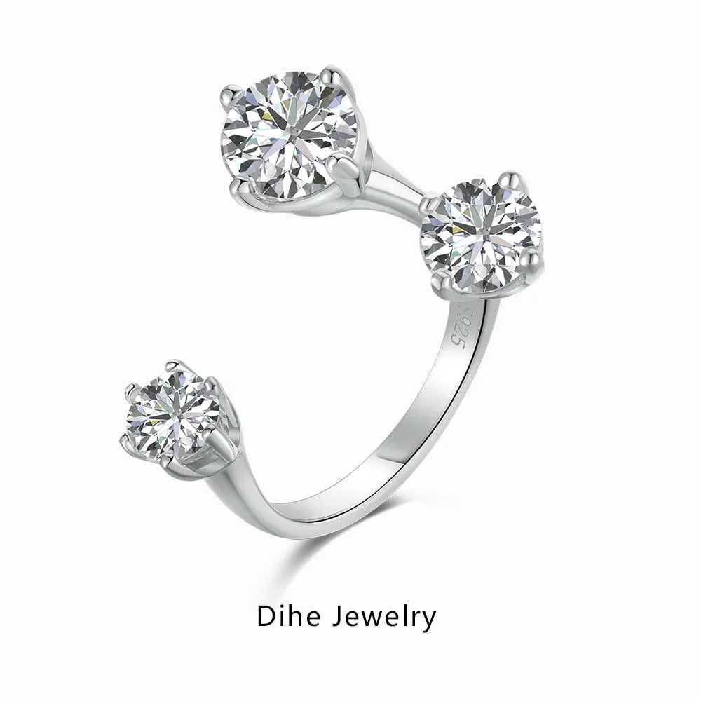 S925 sterling silver open ring with zircon inlay, geometric shape, platinum colour, adjustable opening