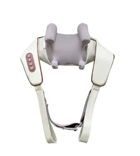 Milky white rechargeable shoulder and neck kneading massager with USB cable.