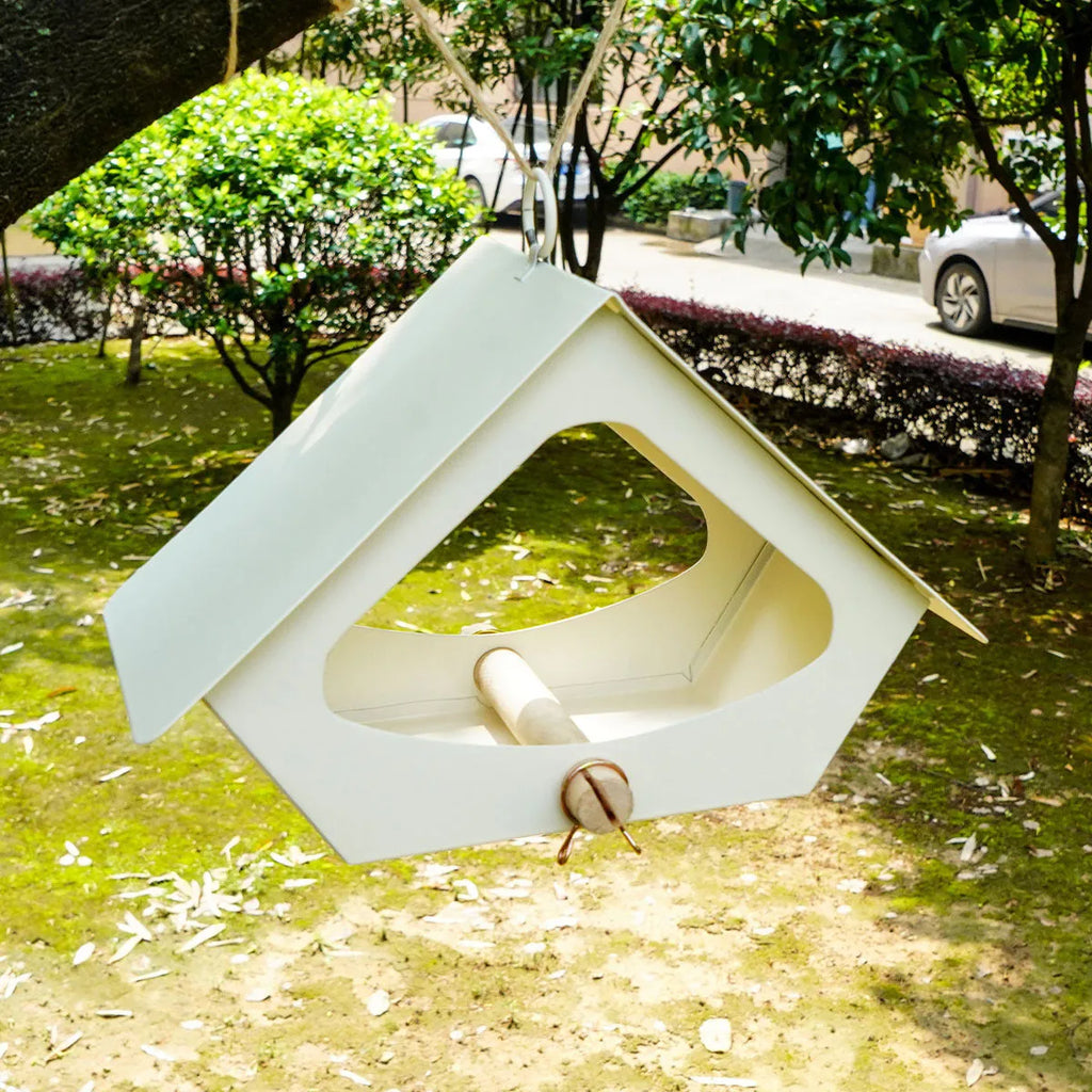 European-style modern iron bird house with anti-rain shelter in garden setting