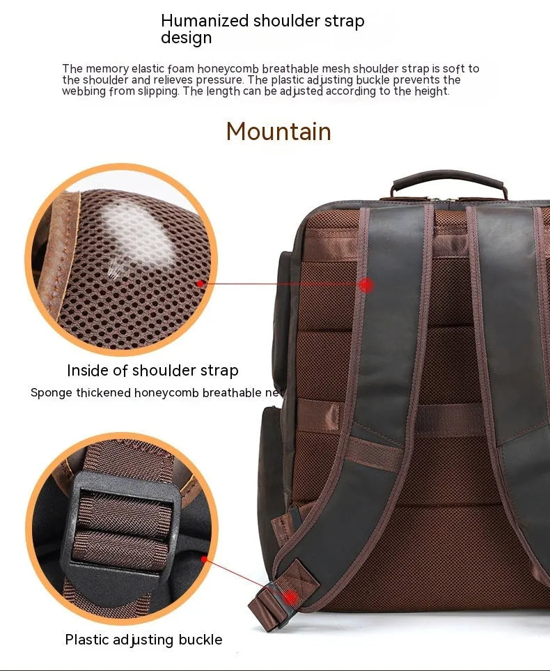 Dark brown genuine cowhide leather backpack with double shoulder straps and organisational compartments for 17-inch laptop