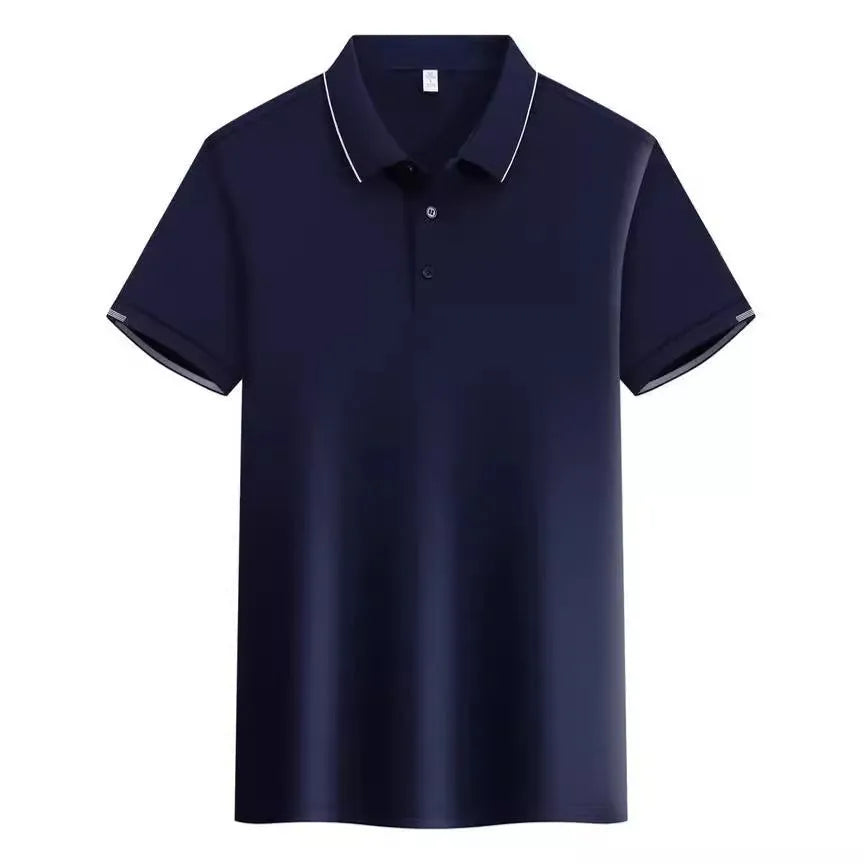 Men's apricot cotton blend loose polo shirt with a short sleeve and contrasting colour on the collar and lapel.