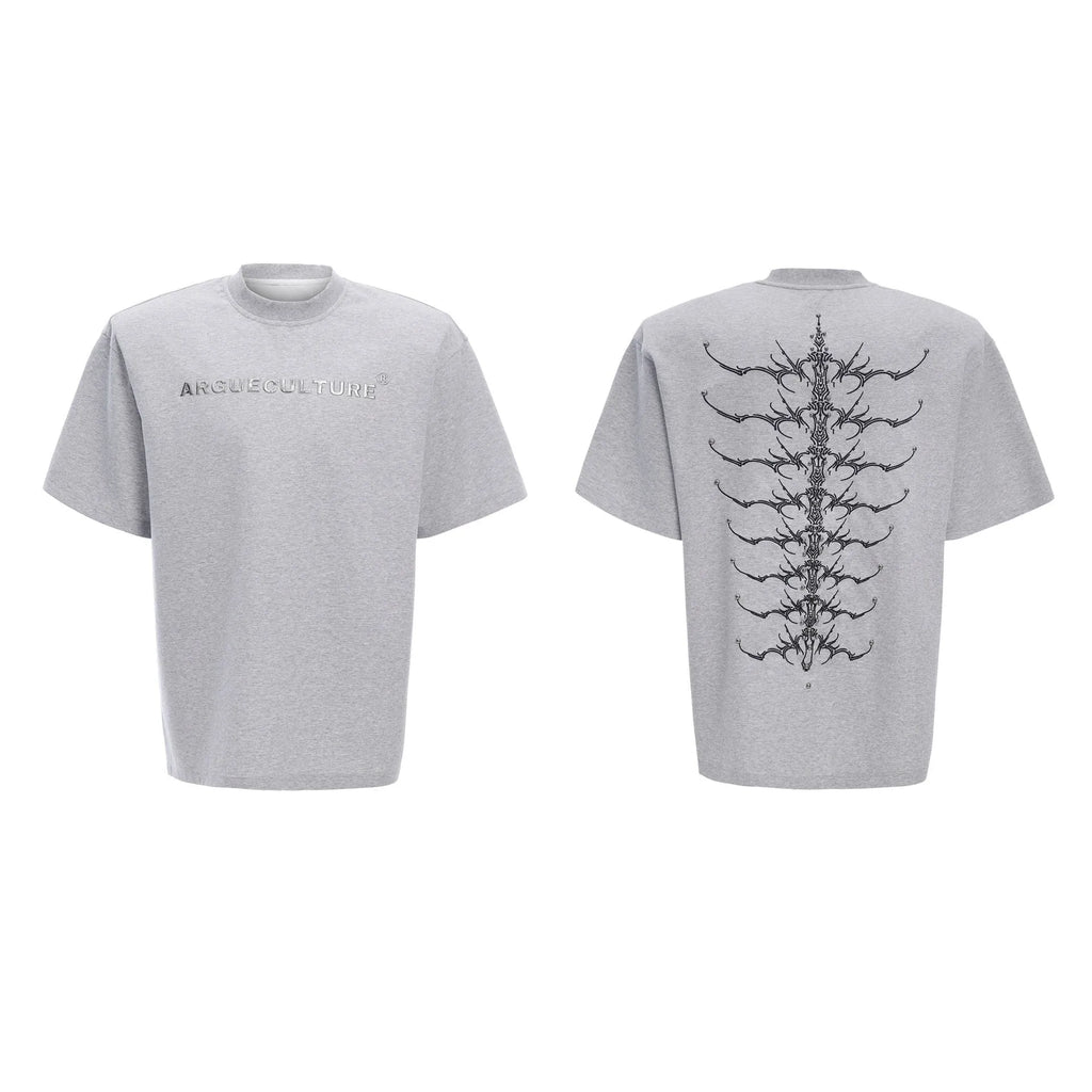 Men's short sleeve pure cotton T-shirt with snake pupil backbone, heavy rivet, and embroidery detail in cool black