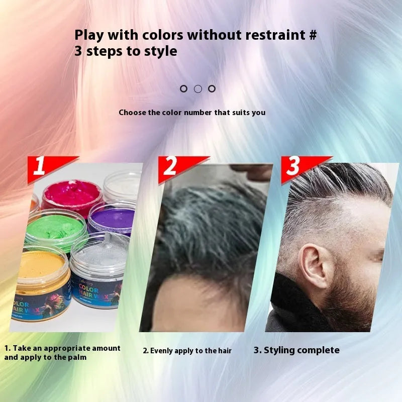 120g hair styling clay pot with nine colour options: white, orange, red, yellow, blue, green, purple, rose red, granny grey