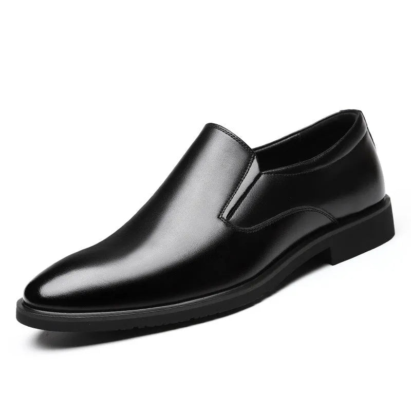Men's black leather business casual slip-on loafers with leather toe cap and rubber sole
