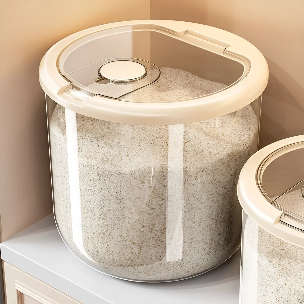 Transparent plastic grain storage tank with measuring cup, showing clear capacity markings.