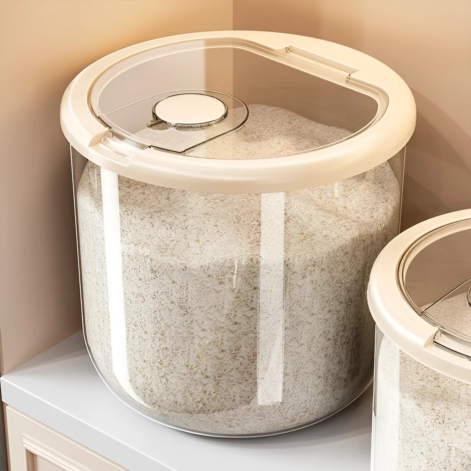 Transparent plastic grain storage tank with measuring cup, showing clear capacity markings.