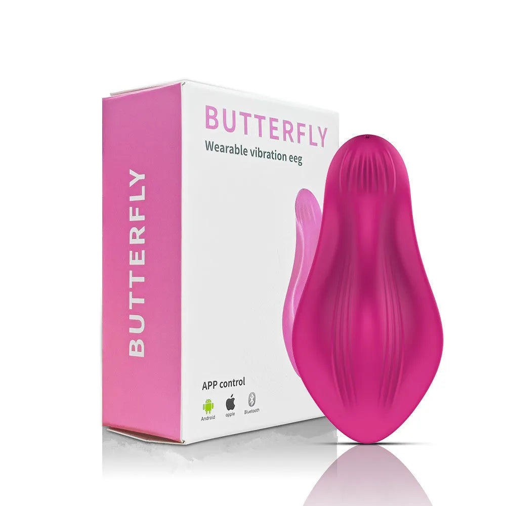Rose red silicone wearable female massager with butterfly design and USB charging cable