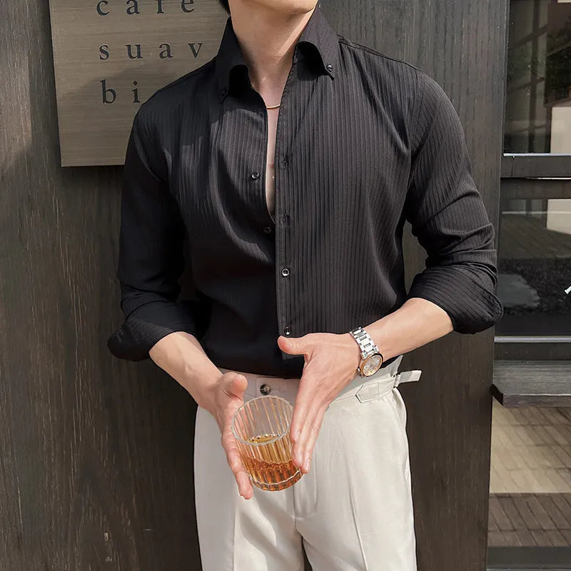 Men's dark stripes V-neck long sleeve shirt in chemical fibre blend, available in black, white, brown, green, sizes M to 4XL
