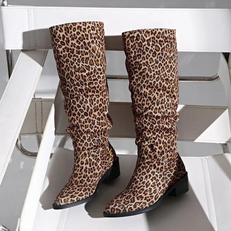 Brown leopard print women's ankle boots with square toe and chunky block heel