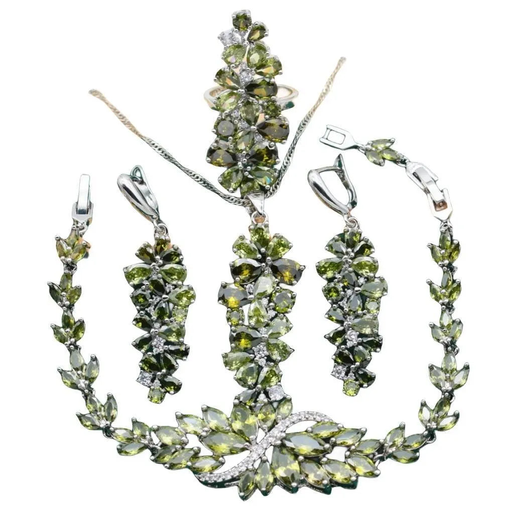 Retro jewellery set with botanical patterns in olive or purple, showing bracelet, necklace, earrings, and ring