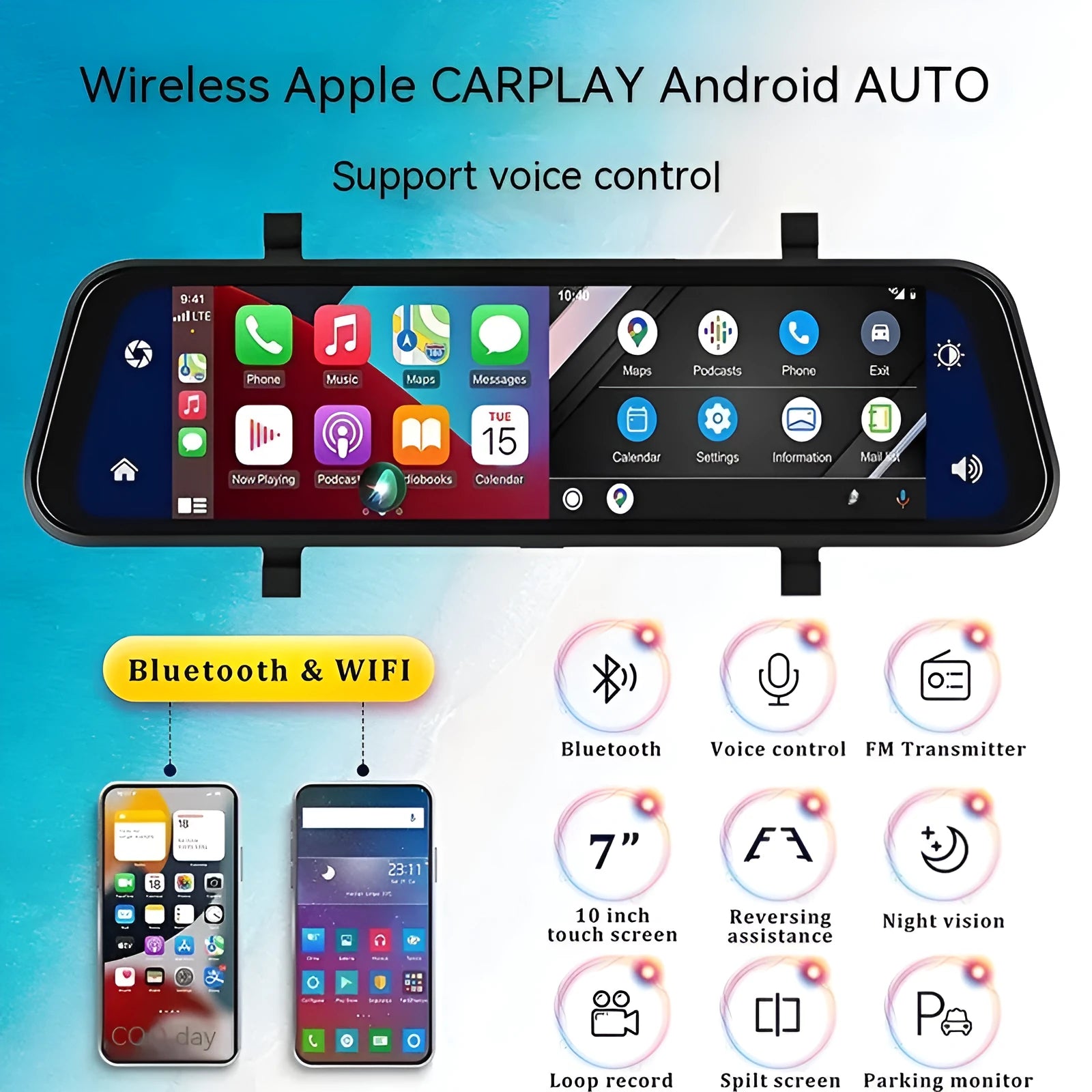 Black 9-inch portable car GPS navigation system with touch screen and dual camera recording