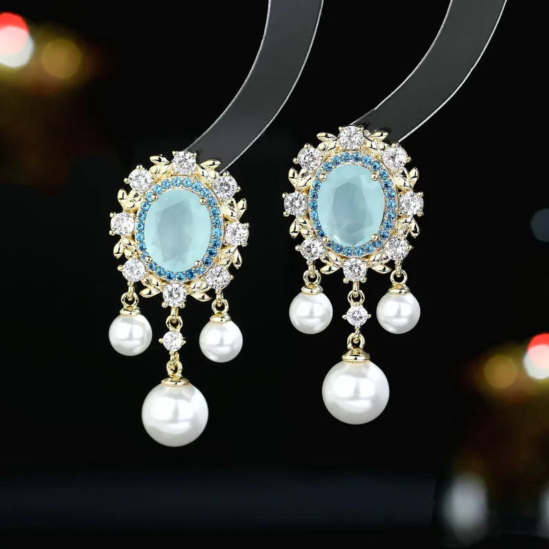 Oval zircon inlaid pearl tassel earrings with geometric copper design and 2.5cm drop