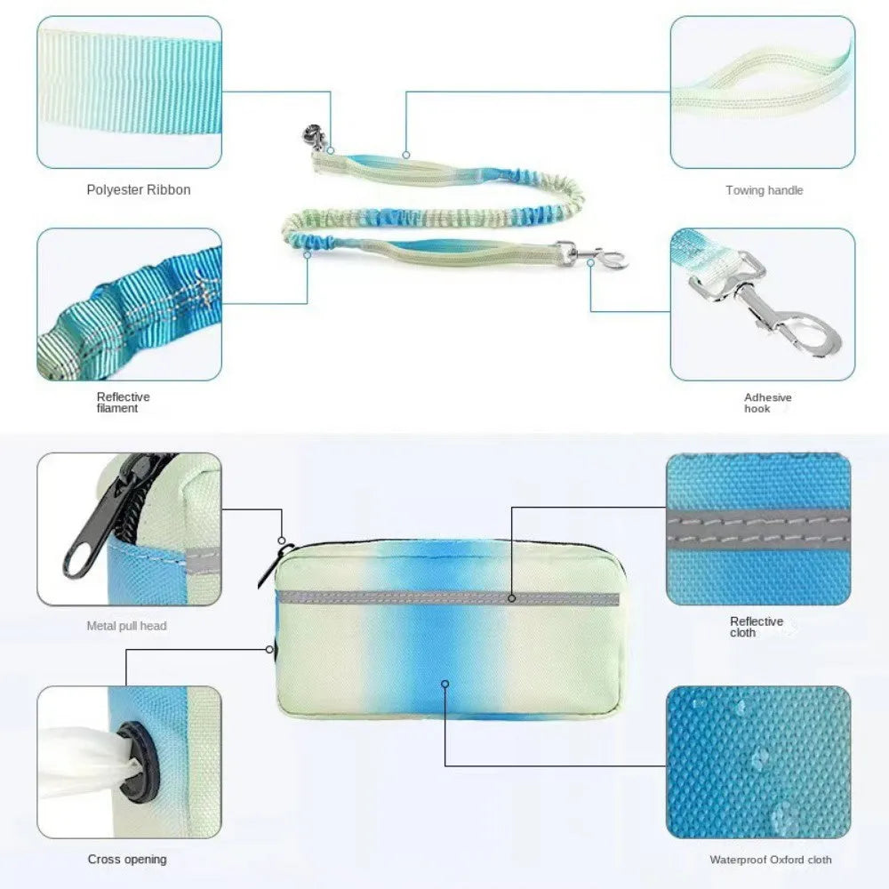 Adjustable hands-free dog leash with waist belt, chest strap, and reflective traction rope in four colour options