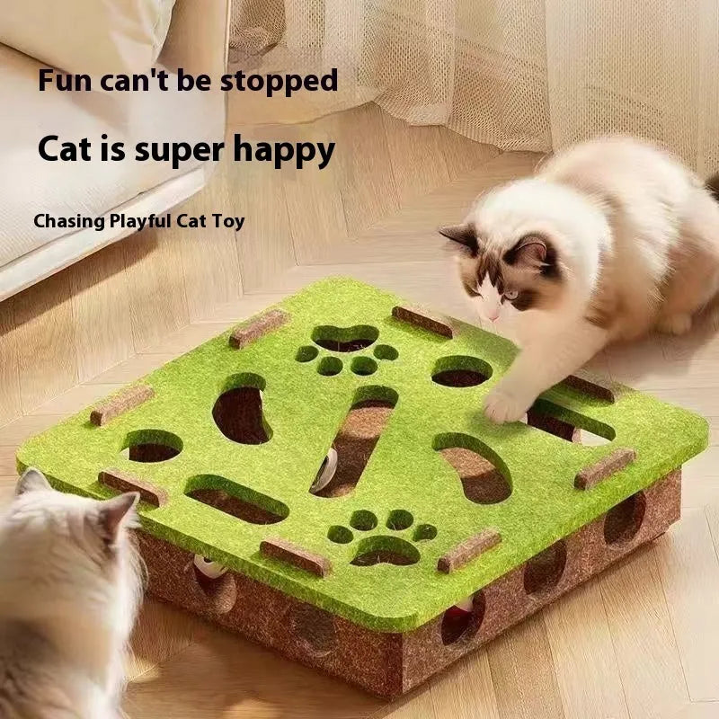 Green brown felt cat toy box measuring 30x30x7.5cm with multiple holes for interactive play