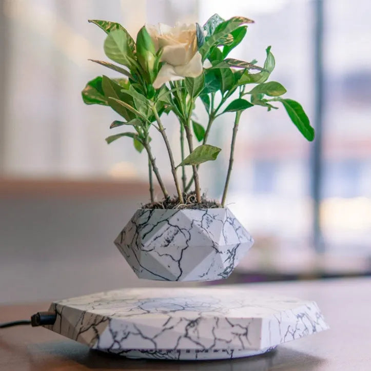 Marble-coloured levitating plant pot floating and rotating with magnetic technology for bonsai or small plants