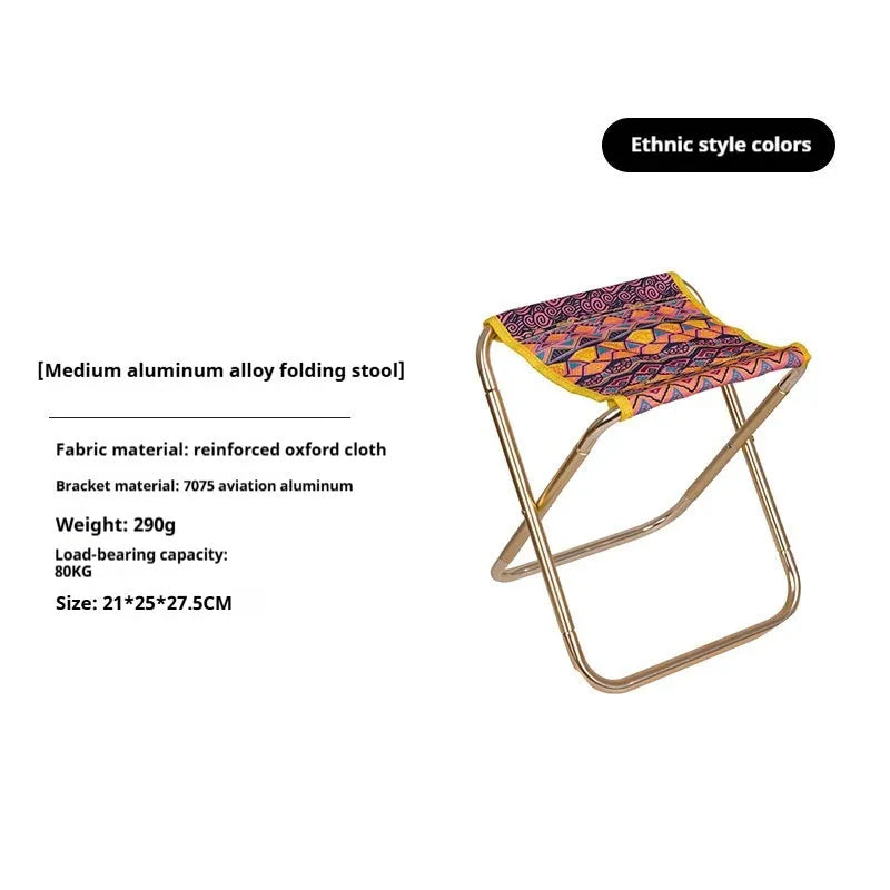 Black aluminium alloy folding stool with ethnic pattern, folded for compact storage