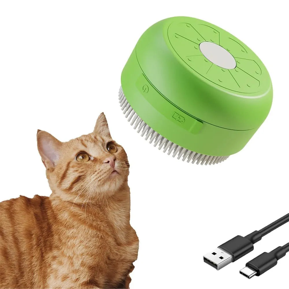 Green and yellow rechargeable cat steam brush with silicone bristles for grooming pets