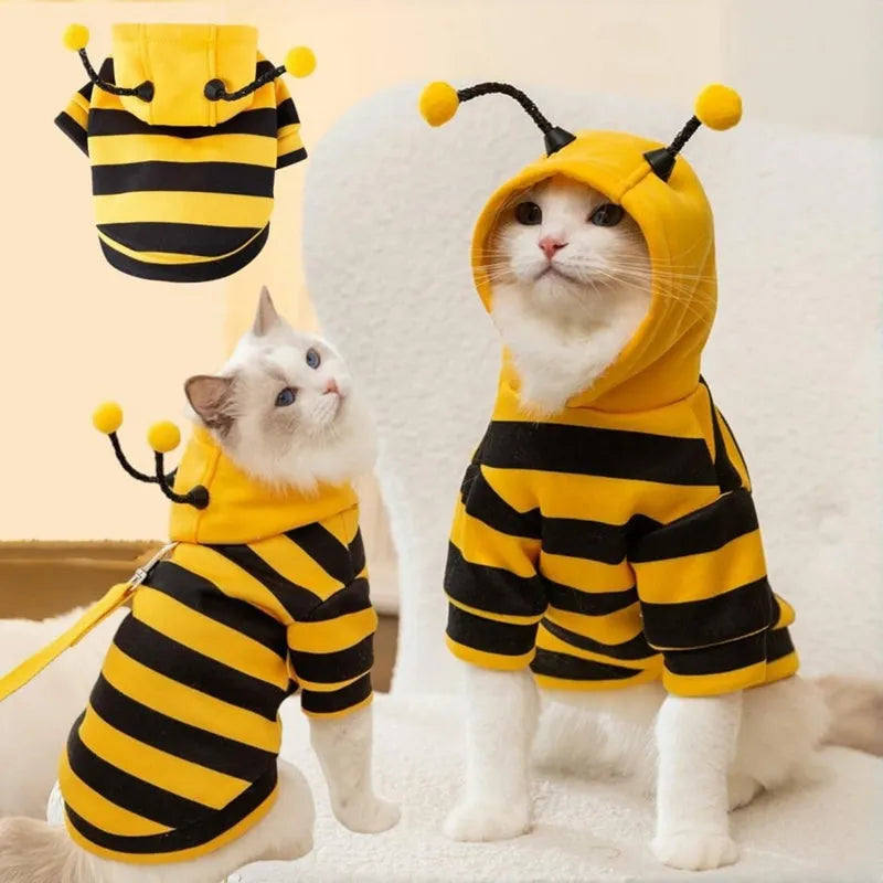 Yellow and black striped bee antenna hoodie for small dogs and cats with flexible antennae and back belt hook