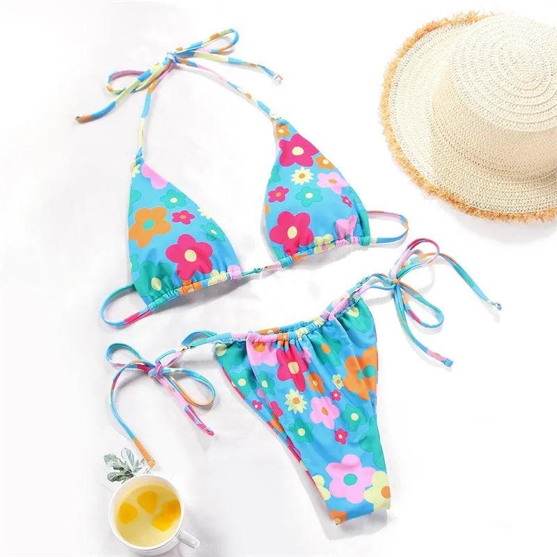 Women's polka dot split swimsuit bikini with triangle top and briefs in multiple pattern options