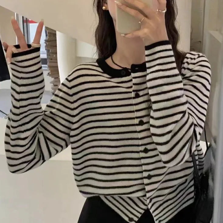 Women's dark grey and white striped French-style cardigan coat with 40cm length and slim fit