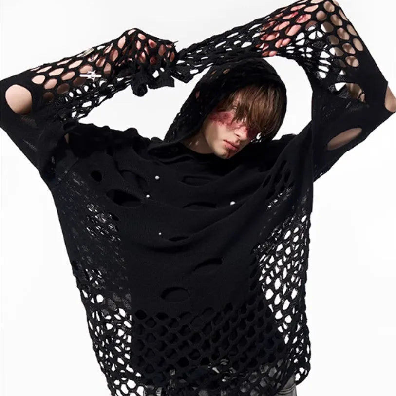Black men's hooded sweater with pearl decorative details, loose fit design for spring wear