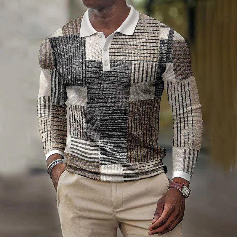 Men's striped long-sleeved casual top with 3D printed design elements in various colour options