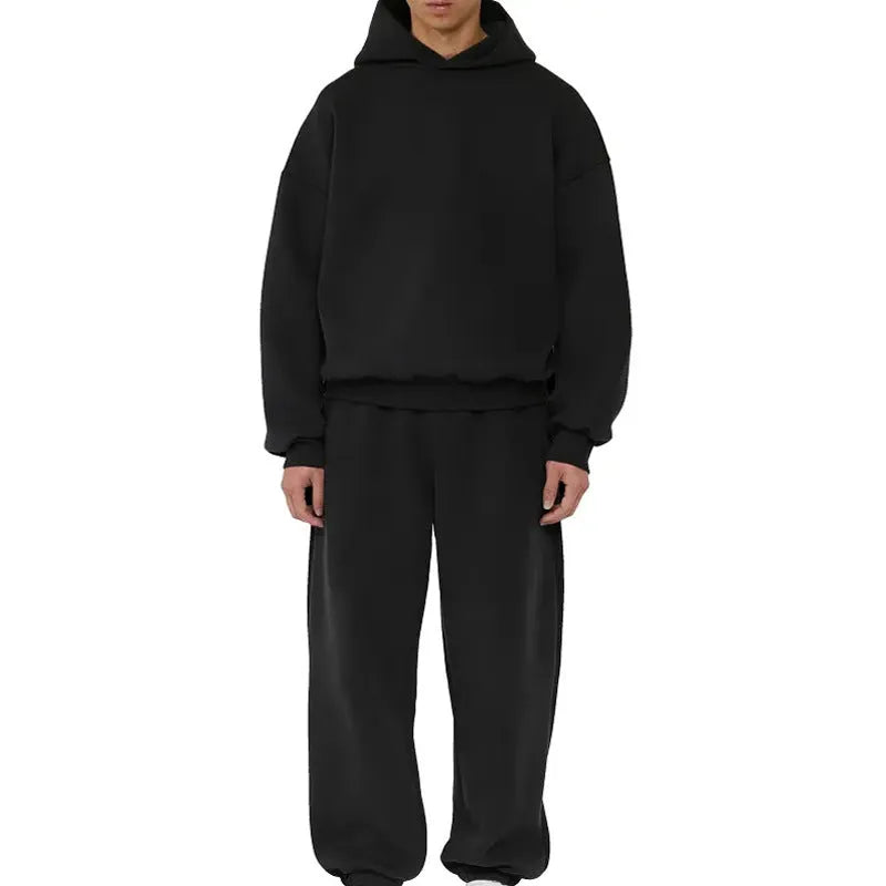 Men's fleece-lined pullover hoodie in solid colour with wool lining, shown in size L