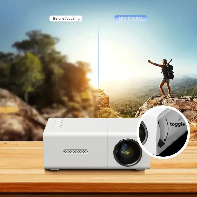 M100 Mini Projector in black or white showing 100-inch projection with international power compatibility