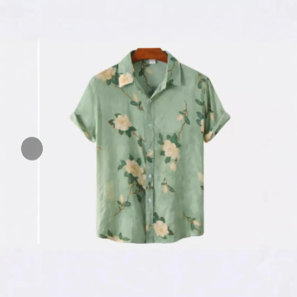 Hawaiian printing lapel short sleeve shirt with floral pattern, elastic fabric, available in multiple colours and sizes for travel wear