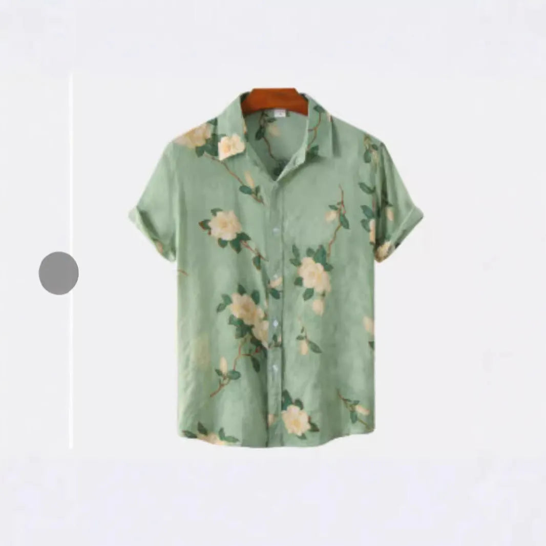 Hawaiian printing lapel short sleeve shirt with floral pattern, elastic fabric, available in multiple colours and sizes for travel wear