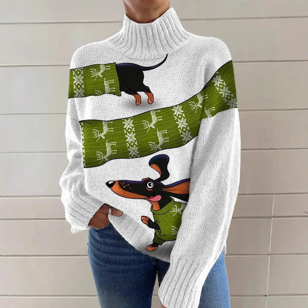 Women's loose-fit Christmas printed turtleneck sweater in macaron colours with painting pattern and long sleeves