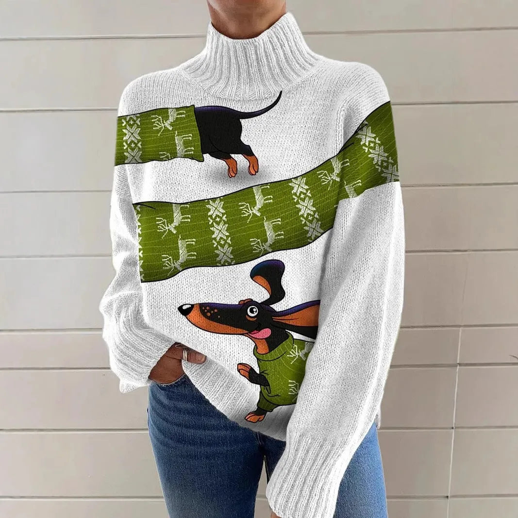 Women's loose-fit Christmas printed turtleneck sweater in macaron colours with painting pattern and long sleeves