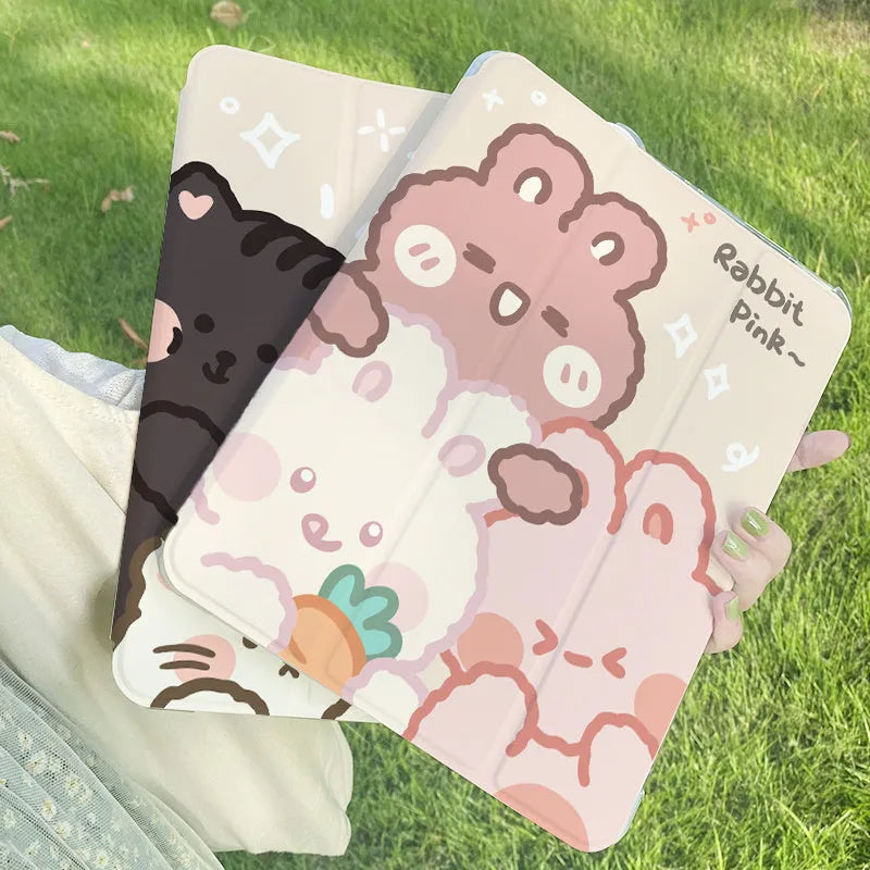 Rabbit cartoon design tri-fold silicone case for iPad showing flat and standing positions