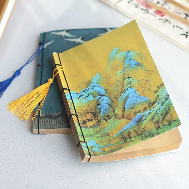 A5 antique-style wire-bound notebook with vintage Chinese painting cover, thread binding, and black wax rope tassel.