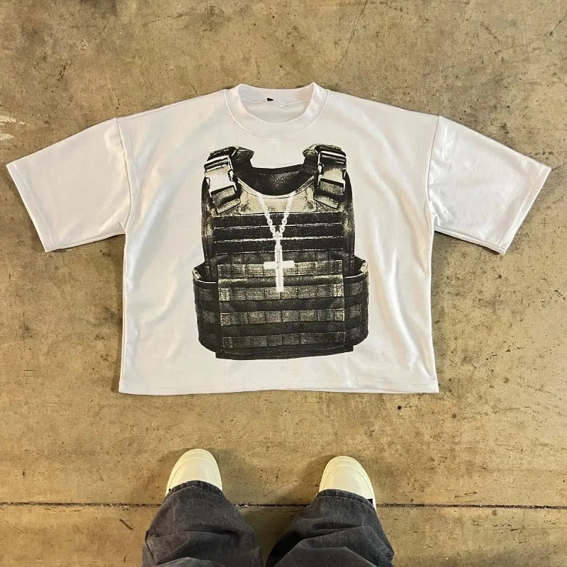 Printed cotton short sleeve t-shirt in retro street style with drop-shoulder sleeves and contrast colour design