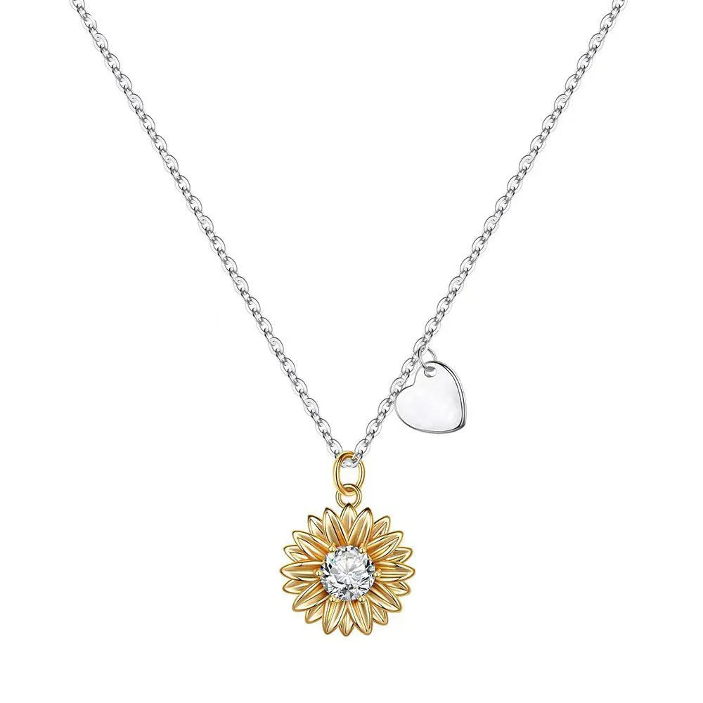 Sunflower necklace with geometric daisy pendant on adjustable cross chain, 925 silver jewellery