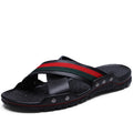 Men's cowhide flip-flops with non-slip PU soles in white, blue, and black colours, sizes 38-48.
