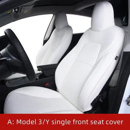Black and white PVC car seat covers fitted on Tesla Model 3 and Y front and rear seats.